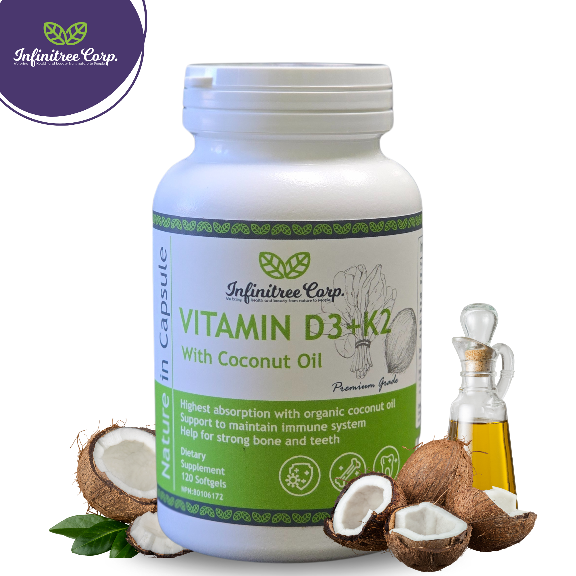 Vitamin D3+K2 with Coconut Oil 120 Softgels