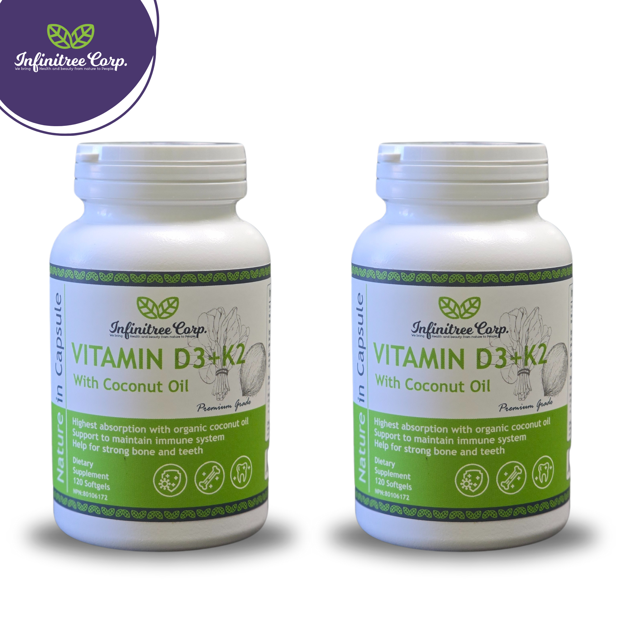 (Set of 2) Vitamin D3+K2 with Coconut Oil 120 Softgels