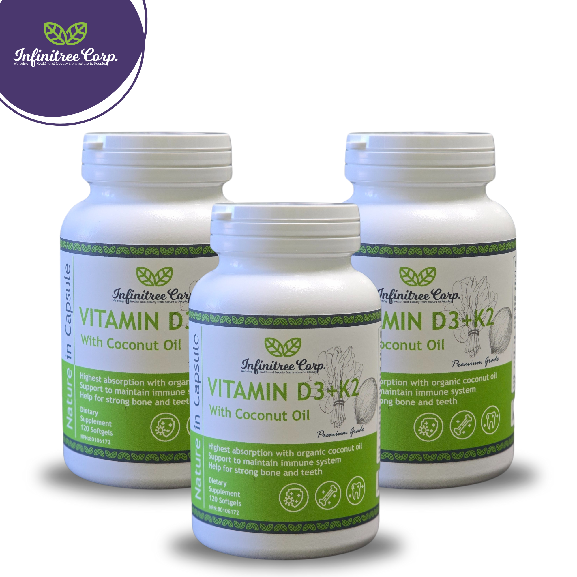 (Set of 3) Vitamin D3+K2 with Coconut Oil 120 Softgels