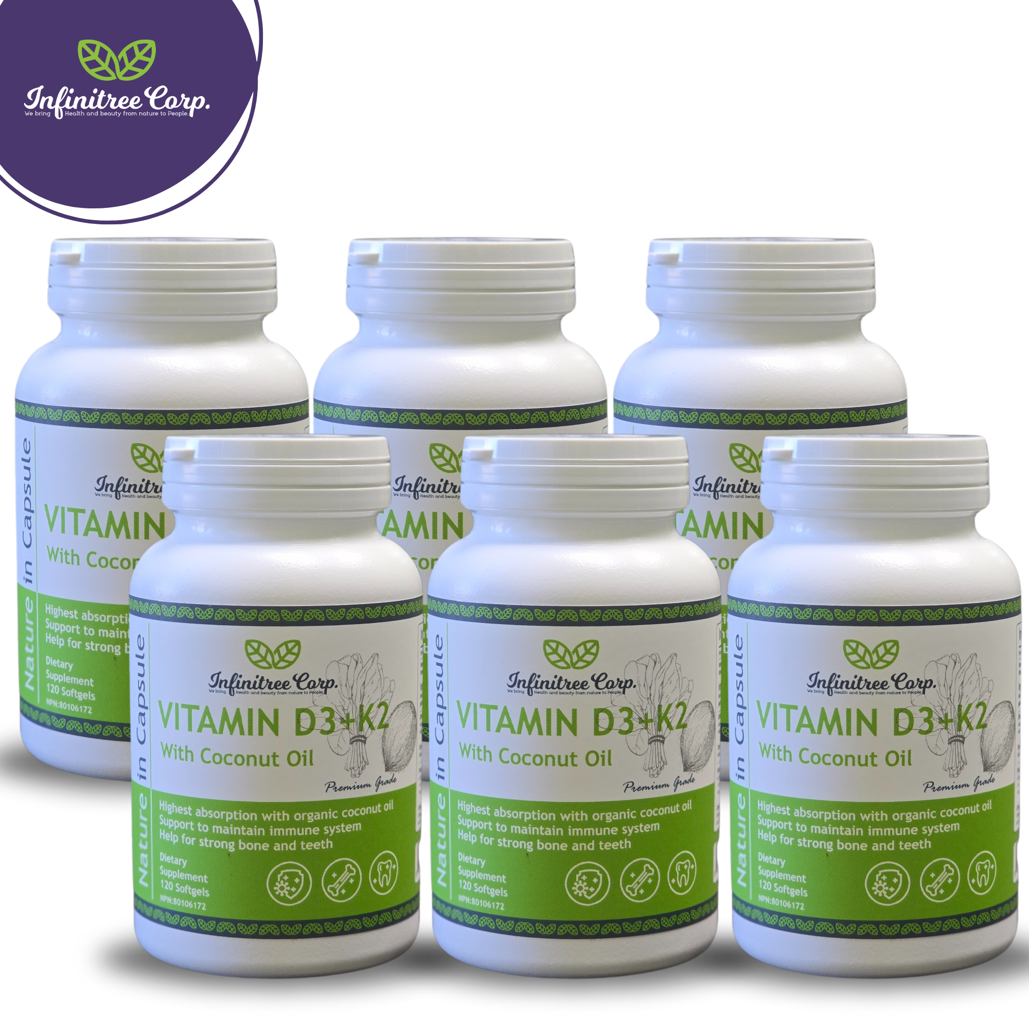 (Set of 6) Vitamin D3+K2 with Coconut Oil 120 Softgels