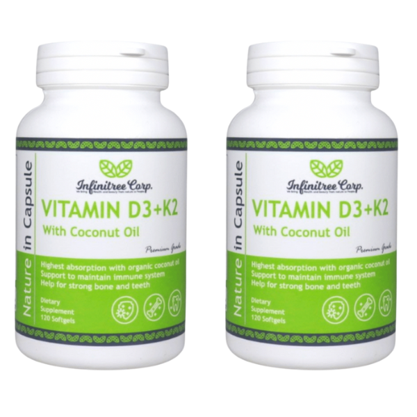 (Set of 2) Vitamin D3+K2 with Coconut Oil 120 Softgels