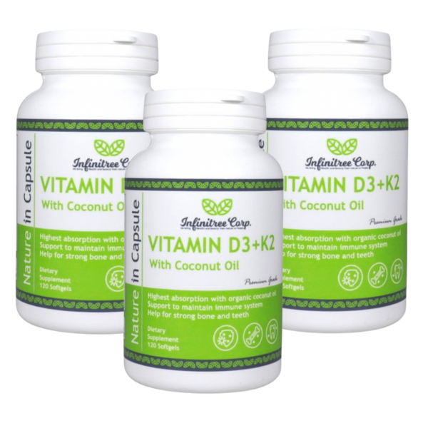 (Set of 3) Vitamin D3+K2 with Coconut Oil 120 Softgels